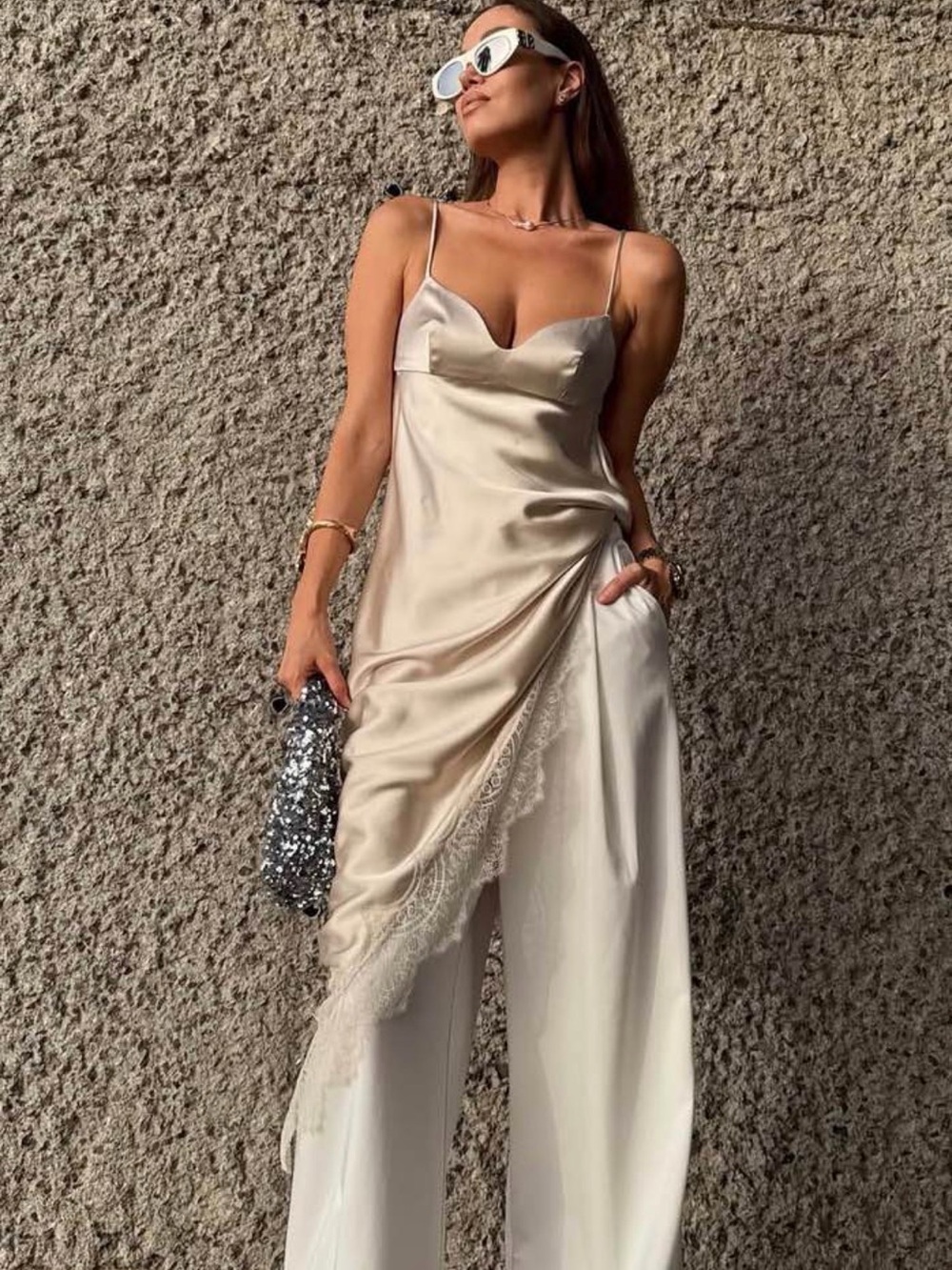Zara Satin Lace-Trim Slip Dress in Ivory